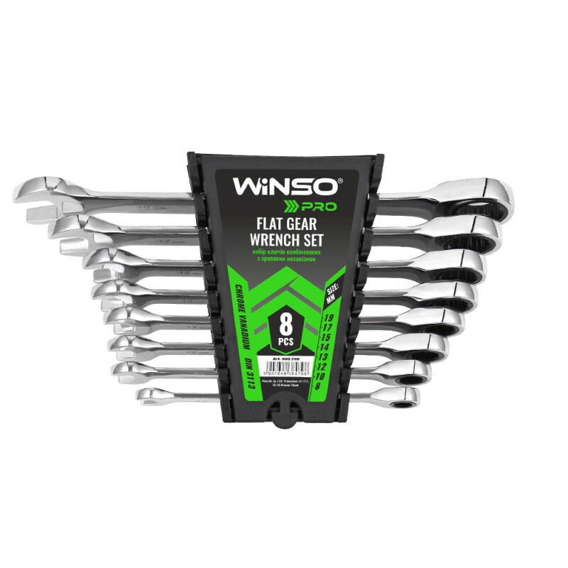 Набор ключей комб. Winso Pro с трещеткой CR-V, 8шт (8-10-12-13-14-15-17-19мм), пластик (900208)
