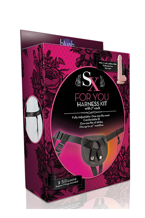 Страпон на трусиках Blush Sx Harnesses з двома кільцями, чорно-бежевий, 19.5 х 3.7 см
