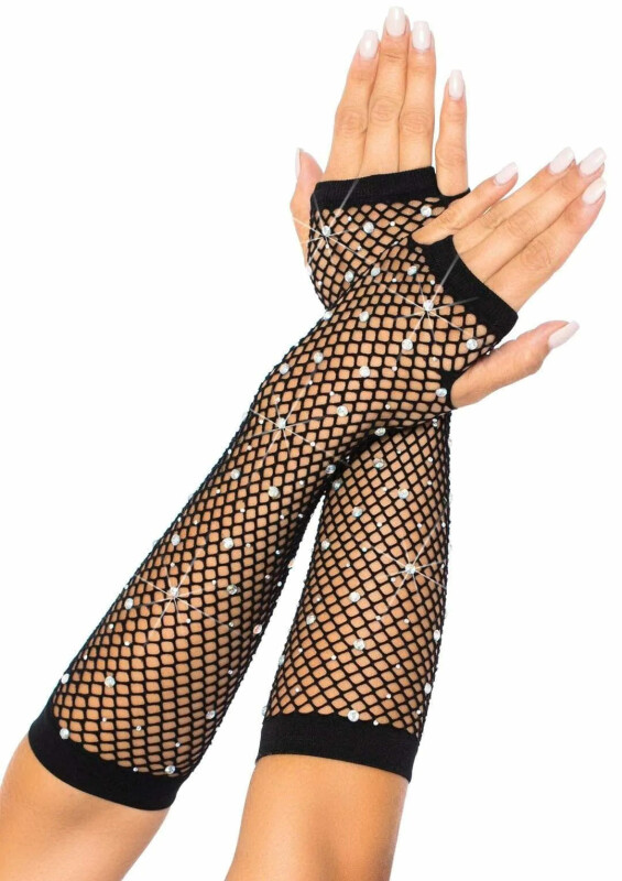 Рукавички в сітку із стразами One SIze Fishnet Arm Warmers Gloves від Leg Avenue Rhinestone, чорні - Зображення 2