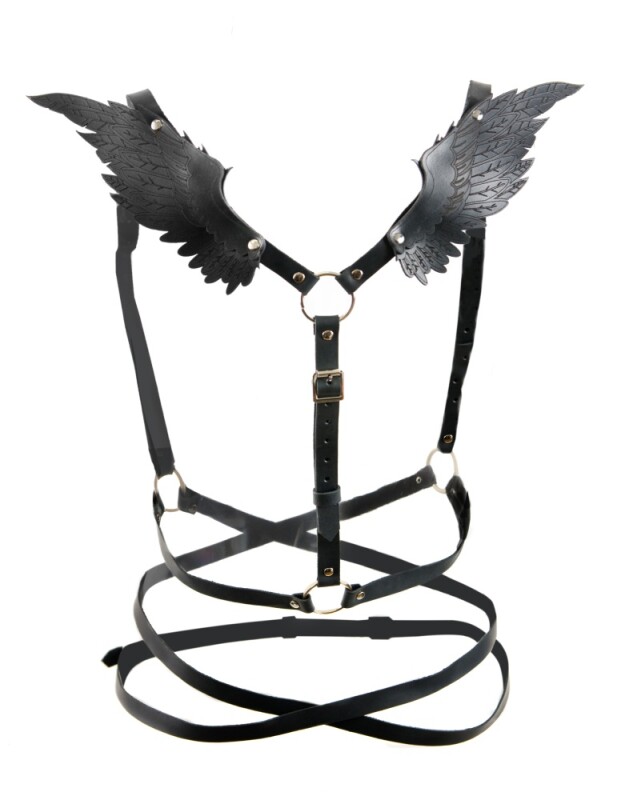 Портупея з крилами One Size Black Angel 2, натуральна шкіра, чорна - Зображення 2