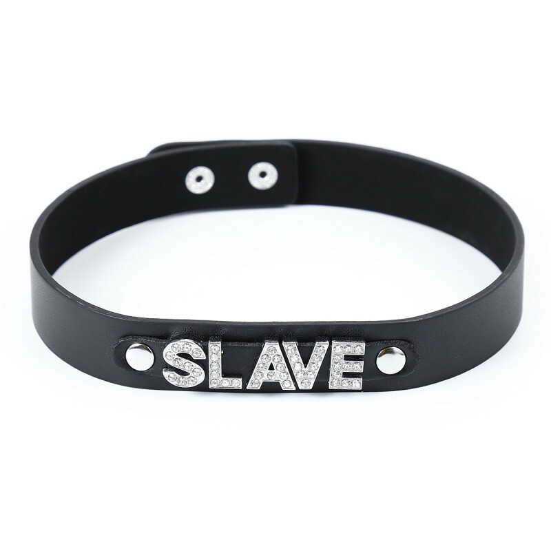 Нашийник зі штучної шкіри IDEA SM з написом SLAVE зі страз, чорний, 2 см
