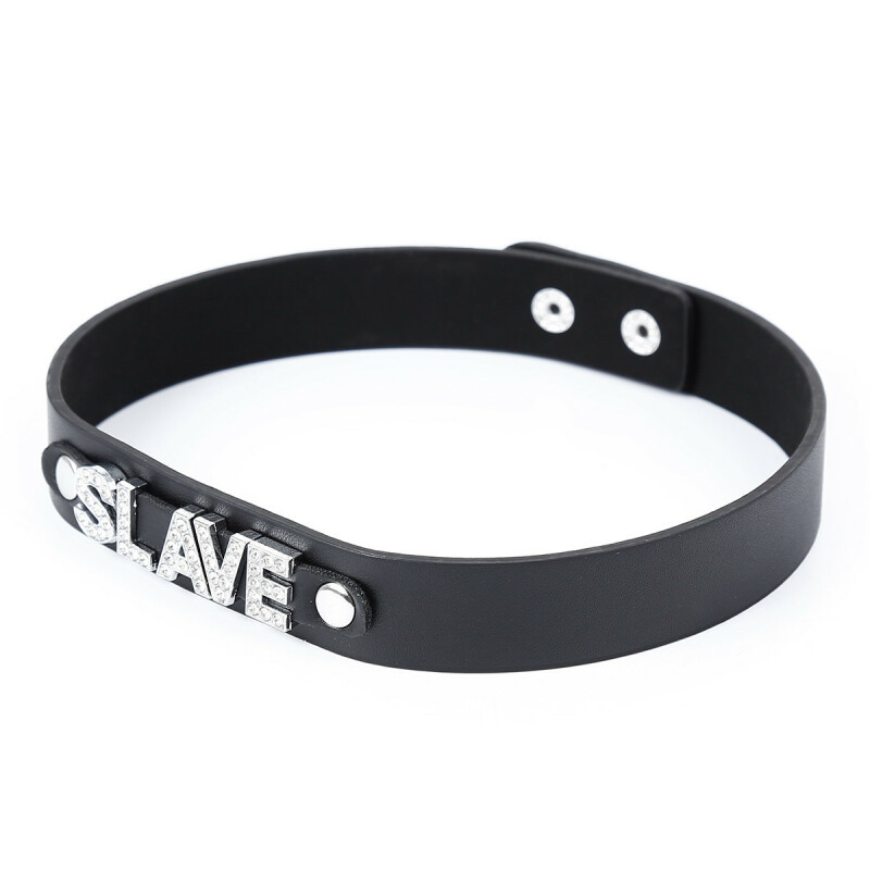 Нашийник зі штучної шкіри IDEA SM з написом SLAVE зі страз, чорний, 2 см - Изображение 1