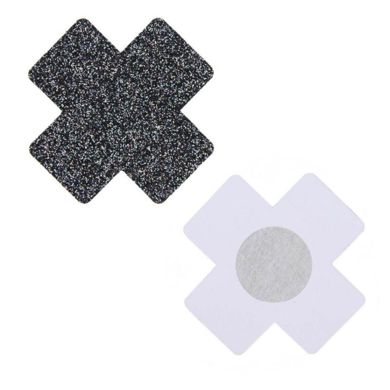Наклейки на соски з блискітками Star Night Nipple Cover у формі іксів, чорні, 8 х 8 см - Зображення 1