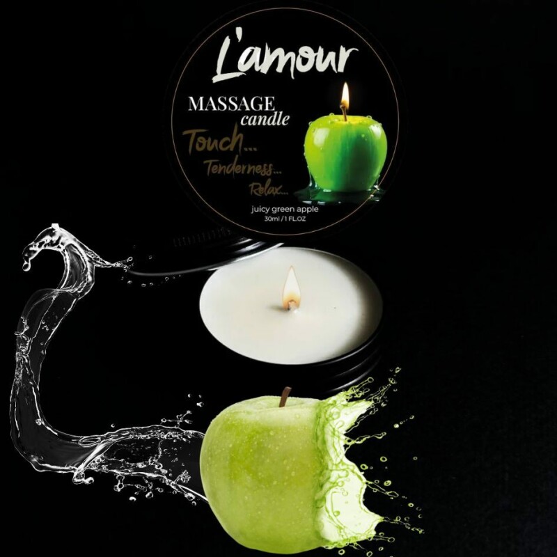 Масажна свічка, 30 мл, L'amour Green Apple зелене яблуко + мускус + жасмин - Изображение 1