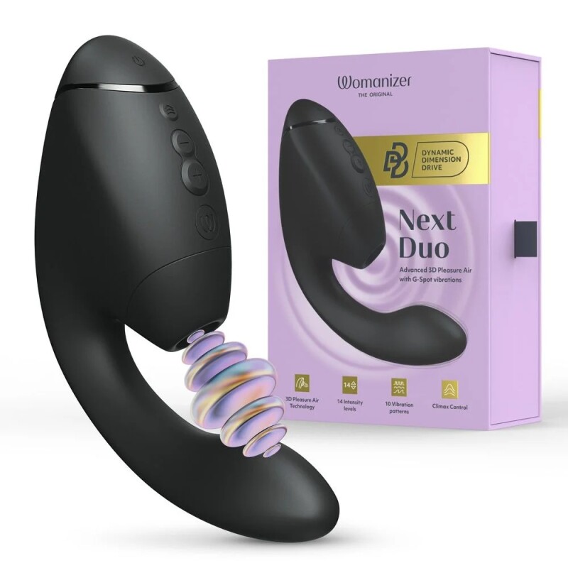 Вакуумний стимулятор Womanizer Next Duo з вібрацією, чорний, 19.3 х 5.6 см