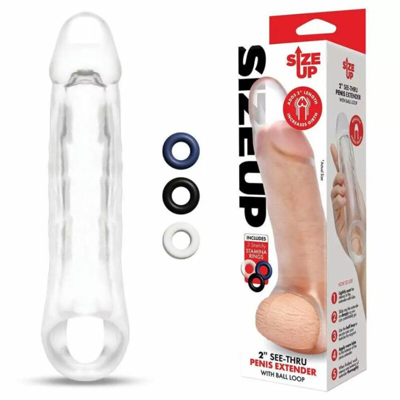 Насадка-подовжувач пеніса +5 см, Size Up 2 See-Thru з петлею для мошонки, прозора, 20.3 х 4.8 см - Зображення 4