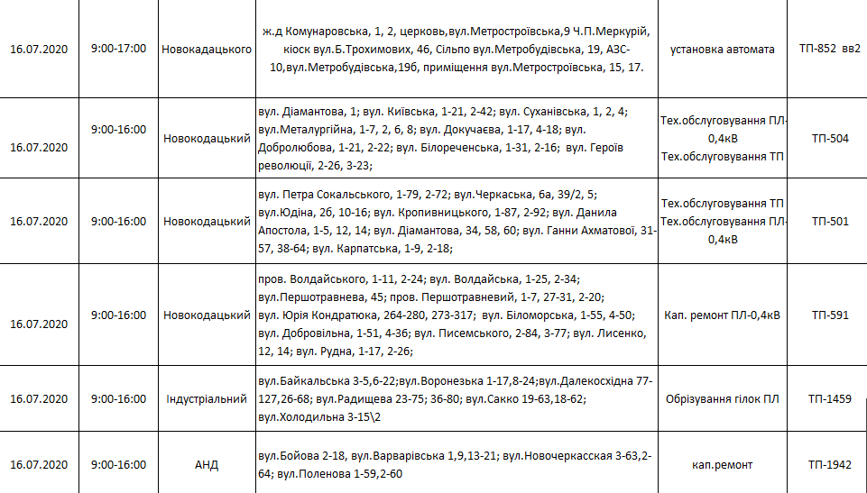отключение света в Днепре 13-17 июля