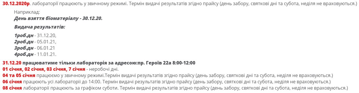 График работы лаборатории в другие дни во время зимних праздников