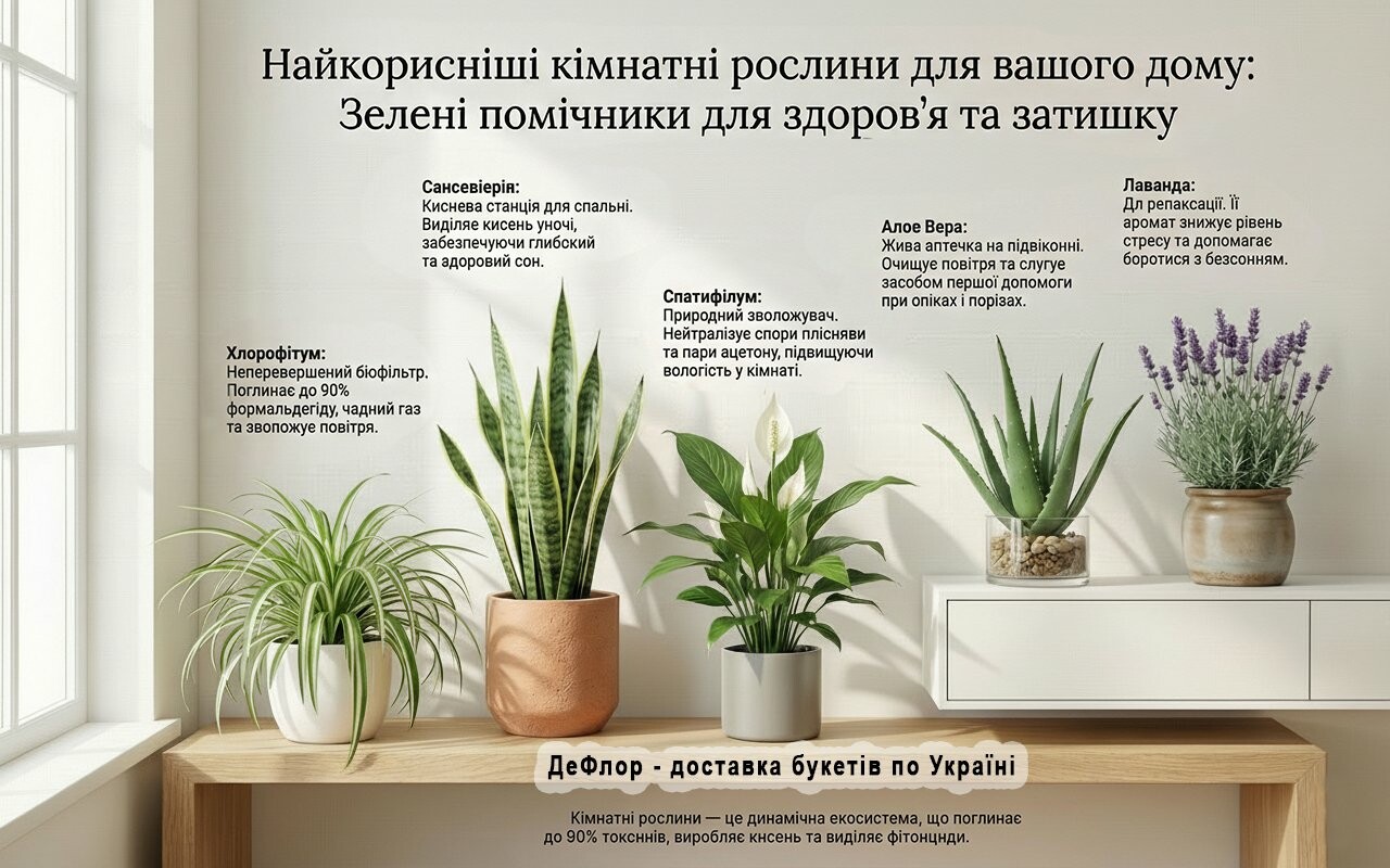 спатифіллум, сансевієрія, хлорофітум, пеларгонія, алое вера, фікус та лаванда - корисні рослини для дому інфографіка ТОП корисних кімнатних рослин для дому